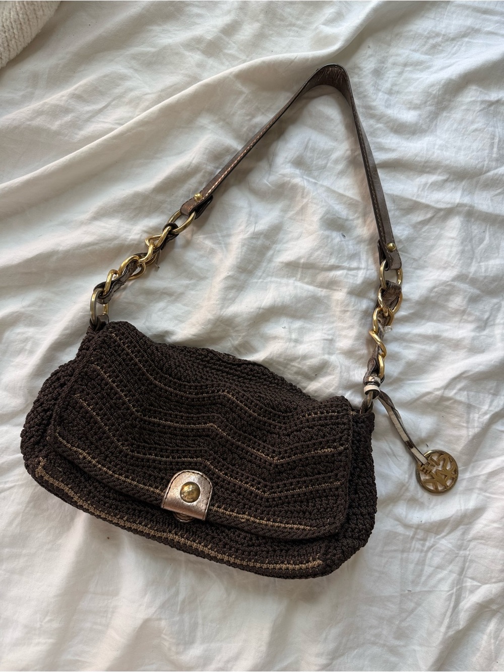 The Sak Brown Crochet Shoulder Bag with Gold Hardware